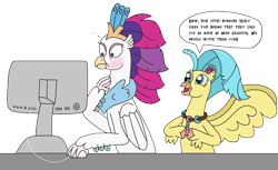 Size: 3264x1994 | Tagged: safe, artist:supahdonarudo, imported from derpibooru, princess skystar, queen novo, classical hippogriff, hippogriff, my little pony: the movie, ..., blushing, computer, computer mouse, dialogue, duo, duo female, embarrassed, female, flower, happy, high res, jewelry, mother and child, mother and daughter, necklace, simple background, speech bubble, surprised, text, transparent background