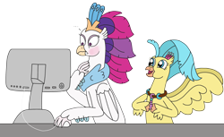 Size: 3264x1994 | Tagged: safe, alternate version, artist:supahdonarudo, derpibooru exclusive, edit, imported from derpibooru, princess skystar, queen novo, classical hippogriff, hippogriff, my little pony: the movie, ..., blushing, computer, computer mouse, embarrassed, female, flower, happy, jewelry, meme, mother and child, mother and daughter, necklace, reaction image, simple background, surprised, textless version, transparent background
