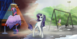 Size: 1280x651 | Tagged: safe, artist:mushroomdoggo, imported from derpibooru, rarity, sweetie belle, twilight sparkle, alicorn, pony, unicorn, bar stool, leonine tail, swing set, twilight sparkle (alicorn)