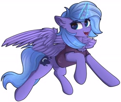 Size: 3920x3300 | Tagged: safe, alternate version, artist:lakunae, imported from derpibooru, princess luna, alicorn, pony, chest fluff, clothes, female, flying, glowing horn, high res, horn, magic, mare, open mouth, s1 luna, smiling, solo, spread wings, vest, wings