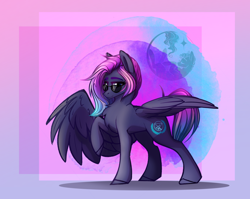 Size: 1684x1343 | Tagged: safe, artist:alrumoon.art, artist:alrumoon_art, imported from derpibooru, oc, oc only, pegasus, pony, abstract background, chest fluff, partially open wings, raised hoof, solo, sunglasses, wings