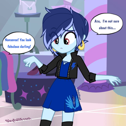 Size: 1448x1448 | Tagged: safe, artist:skyfallfrost, imported from derpibooru, oc, oc only, oc:sky chaser (skyfallfrost), equestria girls, clothes, dress, jacket, shoes, solo, zettai ryouiki