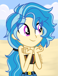 Size: 1448x1888 | Tagged: safe, artist:skyfallfrost, imported from derpibooru, oc, oc only, oc:ocean bliss, equestria girls, clothes, midriff, sand, solo