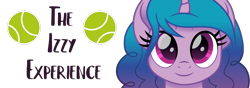 Size: 1000x350 | Tagged: safe, artist:cloudy glow, artist:cloudyglow, edit, imported from derpibooru, izzy moonbow, pony, unicorn, equestria daily, april fools, april fools 2021, ball, banner, close-up, female, g5, looking at you, mare, movie accurate, simple background, smiling, smiling at you, solo, tennis ball, text, text edit, transparent background