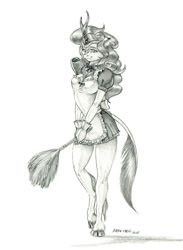 Size: 1000x1366 | Tagged: safe, artist:baron engel, imported from derpibooru, autumn blaze, anthro, kirin, unguligrade anthro, breasts, clothes, duster, female, grayscale, maid, monochrome, outfit, pencil drawing, smiling, solo, traditional art