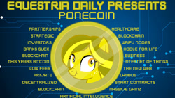 Size: 1280x720 | Tagged: safe, imported from derpibooru, oc, oc only, oc:spotlight splash, pony, equestria daily, april fools, april fools 2018, bitcoin, blue background, liar face, scrunchy face, simple background, technology, text