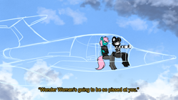 Size: 3200x1800 | Tagged: safe, artist:latexia, imported from derpibooru, oc, oc only, oc:cid, oc:isabelle incraft, oc:izzy, anthro, beret, dialogue, duo, female, flying, hat, high res, invisible, invisible jet, male, mime, plane