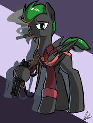 Size: 3000x4000 | Tagged: safe, artist:flaremoon, imported from derpibooru, oc, oc only, oc:villainshima, pegasus, pony, cigar, clothes, grenade launcher, high res, mafia, male, necktie, pegasus oc, smoking, solo, stallion, weapon, wings