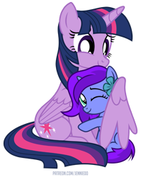 Size: 957x1200 | Tagged: safe, artist:jennieoo, imported from derpibooru, twilight sparkle, oc, oc:aliss, alicorn, pony, unicorn, colt, cute, embrace, female, filly, hug, male, show accurate, simple background, transparent background, twilight sparkle (alicorn), vector, winghug, wings