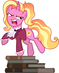 Size: 4322x5317 | Tagged: safe, artist:kojibiose, imported from derpibooru, luster dawn, snowfall frost, starlight glimmer, pony, unicorn, absurd resolution, angry, book, clothes, cravat, female, mare, open mouth, simple background, solo, transparent background, vector