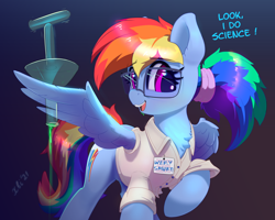 Size: 5000x3993 | Tagged: safe, artist:xbi, imported from derpibooru, rainbow dash, pegasus, pony, absurd resolution, alternate hairstyle, backwards cutie mark, badge, clothes, dark background, dialogue, drinking, egghead, egghead dash, female, glasses, gradient background, looking at you, mare, misspelling, ponytail, radioactive, scientist, solo, tabun art-battle finished after, this will not end well, too dumb to live, vial, wing hold