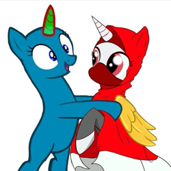 Size: 677x677 | Tagged: safe, artist:altersmay87, artist:tialtri, imported from derpibooru, oc, oc only, oc:sinar bulan indonesia, alicorn, pony, unicorn, bald, base, base used, bipedal, collaboration, duo, duo female, female, happy, horn, hug, mare, mask, open mouth, simpel background, simple background, transparent background, unicorn oc
