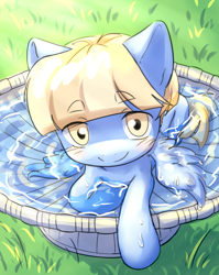 Size: 3120x3921 | Tagged: safe, artist:aquoquoo, imported from derpibooru, water spout, pegasus, pony, bird bath, birds doing bird things, bishounen, colt, feathered wings, friendship student, high res, looking at you, male, solo, spread wings, water, wings