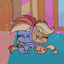 Size: 1080x1080 | Tagged: safe, imported from derpibooru, screencap, applejack, rainbow dash, earth pony, pegasus, pony, my little pony: pony life, spoiler:pony life s02e05, applejack's hat, cheek squish, close encounters of the balloon kind, cowboy hat, cropped, cute, dashabetes, duo, duo female, eyes closed, female, g4.5, hat, hug, jackabetes, mare, pony life, scared, shivering, sitting, squishy cheeks, sugarcube corner, teeth