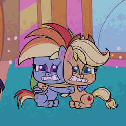 Size: 1080x1080 | Tagged: safe, imported from derpibooru, screencap, applejack, rainbow dash, twilight sparkle, alicorn, earth pony, pegasus, pony, my little pony: pony life, spoiler:pony life s02e05, applejack's hat, cheek squish, close encounters of the balloon kind, cowboy hat, cropped, cute, dashabetes, duo, female, g4.5, gritted teeth, hat, hug, jackabetes, mare, offscreen character, pony life, scared, shivering, sitting, squishy cheeks, sugarcube corner, teeth, trio, trio female, twilight sparkle (alicorn)