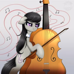 Size: 4000x4000 | Tagged: safe, artist:confetticakez, imported from derpibooru, octavia melody, earth pony, pony, absurd resolution, bipedal, bow (instrument), cello, female, floppy ears, mare, music notes, musical instrument, smiling, solo