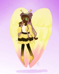Size: 1080x1350 | Tagged: safe, artist:karmastarva, imported from derpibooru, fluttershy, human, bumblebee (dc comics), bumblebee (dc), clothes, cosplay, costume, dark skin, female, flying, gradient background, humanized, signature, solo, winged humanization, wings