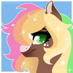 Size: 1600x1600 | Tagged: safe, artist:acry-artwork, imported from derpibooru, oc, oc only, oc:chroma glow, earth pony, pony, bust, earth pony oc, eyelashes, freckles, multicolored hair, rainbow hair, solo