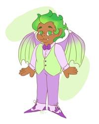 Size: 1080x1350 | Tagged: safe, artist:karmastarva, imported from derpibooru, spike, human, abstract background, bowtie, clothes, dark skin, humanized, male, pants, shoes, smiling, solo, suit, winged humanization, wings