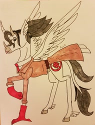 Size: 2971x3903 | Tagged: safe, artist:agdapl, imported from derpibooru, hippogriff, clothes, crossover, glasses, gloves, high res, hippogriffied, male, medic, signature, solo, species swap, team fortress 2, traditional art