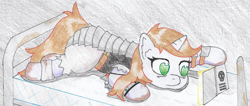 Size: 2007x849 | Tagged: safe, artist:toshimatsu, derpibooru exclusive, imported from derpibooru, oc, oc only, oc:littlepip, pony, unicorn, fallout equestria, bandage, bed, belt, book, clothes, fanfic, fanfic art, female, horn, laying on bed, lying down, lying on bed, on bed, raider armor, reading, solo, solo female, tail, traditional art, vest