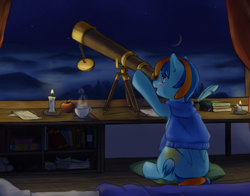 Size: 3895x3054 | Tagged: safe, artist:aquoquoo, imported from derpibooru, oc, oc only, oc:stardust, pegasus, pony, clothes, high res, male, moon, night, pegasus oc, sitting, sky, solo, stallion, stars, sweater, telescope, wings