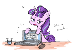 Size: 3463x2480 | Tagged: safe, artist:fuyugi, artist:nendo, imported from derpibooru, starlight glimmer, pony, unicorn, computer, computer mouse, dialogue, female, glass of water, high res, laptop computer, mare, mouse cursor, s5 starlight, solo, table