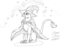 Size: 1280x1002 | Tagged: safe, artist:heavysteno, imported from derpibooru, trixie, griffon, atg 2021, brooch, cape, clothes, female, griffonized, hat, jewelry, monochrome, newbie artist training grounds, solo, species swap, traditional art, trixie's brooch, trixie's cape, trixie's hat