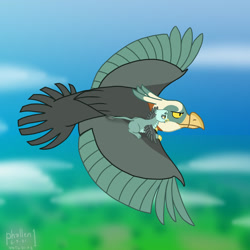 Size: 1280x1280 | Tagged: safe, artist:phallen1, imported from derpibooru, oc, oc:gabar goshawk, bird, griffon, roc, atg 2021, flying, griffon oc, newbie artist training grounds, riding on back, rukh, smiling