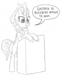 Size: 1600x1977 | Tagged: safe, artist:pegapone, imported from derpibooru, autumn blaze, kirin, atg 2021, bipedal, cloven hooves, dead poets society, dialogue, ear fluff, monochrome, newbie artist training grounds, podium, poetry, scales, simple background, solo, standing, tail, talking, text, white background