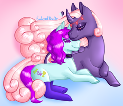 Size: 3600x3100 | Tagged: safe, artist:honkandheello, imported from derpibooru, oc, oc only, oc:blooming corals, oc:midnight ivory, alicorn, pony, unicorn, alicorn oc, clothes, cuddling, female, high res, horn, lesbian, lying down, socks, unicorn oc, wings