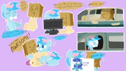 Size: 1920x1080 | Tagged: safe, artist:matterproblem, imported from derpibooru, oc, oc:blue chewings, oc:paper bag, earth pony, pony, car, chew toy, dialogue, earth pony oc, happy, hug, screen