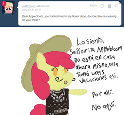 Size: 650x600 | Tagged: safe, artist:letterstoapplebloom-blog-blog, imported from derpibooru, apple bloom, earth pony, pony, clothes, facial hair, female, filly, mexican, moustache, poncho, solo, sombrero, spanish, tumblr