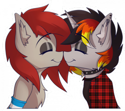 Size: 700x619 | Tagged: safe, artist:milez-flowenson, imported from derpibooru, oc, oc only, oc:moonshine, oc:ponepony, earth pony, unicorn, boop, chest fluff, choker, clothes, collar, cute, eyeshadow, flannel, flannel shirt, fluffy, makeup, nuzzling, oc x oc, piercing, shipping, shirt, smiling, socks, striped socks