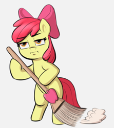 Size: 1750x1968 | Tagged: safe, artist:heretichesh, imported from derpibooru, apple bloom, earth pony, pony, apple bloom's bow, bipedal, bored, bow, broom, female, filly, hair bow, pun, solo, visual pun