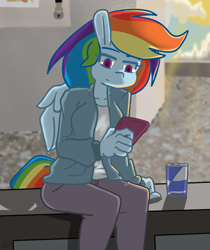 Size: 1000x1192 | Tagged: safe, artist:genericmlp, imported from derpibooru, rainbow dash, anthro, cellphone, clothes, jacket, pants, phone, solo