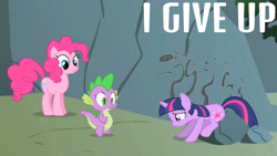 Size: 1280x720 | Tagged: safe, edit, edited screencap, editor:quoterific, imported from derpibooru, screencap, pinkie pie, spike, twilight sparkle, dragon, earth pony, pony, unicorn, feeling pinkie keen, season 1, female, giving up, male, mare, trio, unicorn twilight