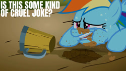 Size: 1280x720 | Tagged: safe, edit, edited screencap, editor:quoterific, imported from derpibooru, screencap, rainbow dash, pegasus, pony, season 2, the super speedy cider squeezy 6000, crying, dirt, eating, eating dirt, female, mare, mug, open mouth, sad, solo, sweat