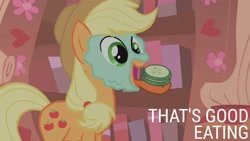 Size: 1280x720 | Tagged: safe, edit, edited screencap, editor:quoterific, imported from derpibooru, screencap, applejack, earth pony, pony, look before you sleep, season 1, applejack's hat, cowboy hat, cucumber, cute, female, food, golden oaks library, hat, herbivore, jackabetes, mare, mud mask, open mouth, pickle, solo, tongue out