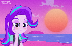 Size: 2386x1523 | Tagged: safe, artist:kingdark0001, imported from derpibooru, starlight glimmer, equestria girls, 80s, beach, beanie, blushing, clothes, female, hat, lidded eyes, looking at you, ocean, sand, smiling, smiling at you, solo, sun, vaporwave, vest, wallpaper, water