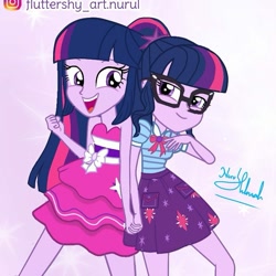 Size: 735x735 | Tagged: safe, artist:fluttershy_art.nurul, edit, edited screencap, imported from derpibooru, screencap, sci-twi, twilight sparkle, alicorn, equestria girls, equestria girls series, so much more to me, bare shoulders, bowtie, clothes, cute, cutie mark, cutie mark on clothes, duality, duo, duo female, female, geode of telekinesis, glasses, holding hands, jewelry, looking at each other, looking at you, magical geodes, necklace, open mouth, open smile, ponytail, self paradox, sleeveless, smiling, smiling at each other, smiling at you, strapless, sweet dreams fuel, twiabetes, twilight ball dress, twilight sparkle (alicorn), twolight