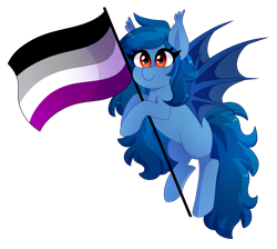 Size: 3000x2689 | Tagged: safe, artist:emera33, imported from derpibooru, oc, oc only, oc:tazzee, bat pony, pony, asexual pride flag, bat pony oc, bat wings, female, flag, flying, high res, holding a flag, mare, pride, pride flag, simple background, solo, transparent background, wings