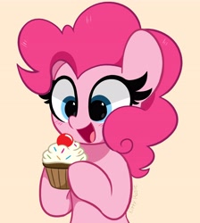 Size: 3528x3936 | Tagged: safe, artist:kittyrosie, imported from derpibooru, pinkie pie, earth pony, pony, blushing, cupcake, cute, diapinkes, food, herbivore, high res, muffin, open mouth, simple background, solo, yellow background