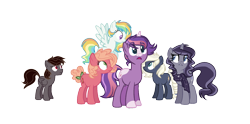 Size: 2160x1072 | Tagged: safe, artist:gallantserver, imported from derpibooru, oc, oc only, oc:camlet, oc:erebus, oc:misty rainbow, oc:pixie core, oc:sherbet fritter, oc:somnium, earth pony, pegasus, pony, unicorn, female, magical lesbian spawn, male, mare, offspring, parent:applejack, parent:big macintosh, parent:fluttershy, parent:inky rose, parent:king sombra, parent:oc:silverlay, parent:pinkie pie, parent:rainbow dash, parent:rarity, parent:tempest shadow, parent:twilight sparkle, parent:vapor trail, parents:canon x oc, parents:pinkiemac, parents:silverjack, parents:sombrashy, parents:tempestlight, parents:vapordash, simple background, stallion, transparent background