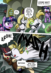 Size: 1204x1700 | Tagged: safe, artist:tarkron, imported from derpibooru, rarity, twilight sparkle, oc, oc:cosmo cool, alicorn, pony, unicorn, comic:the royal sandal, comic, glasses, glowing horn, grammar error, horn, speech bubble, spy, twilight sparkle (alicorn), unicorn oc