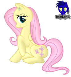 Size: 3840x4154 | Tagged: safe, alternate version, artist:damlanil, imported from derpibooru, fluttershy, pegasus, pony, blushing, cute, cutie mark accessory, female, makeup, mare, raised hoof, shiny, shiny mane, show accurate, shyabetes, simple background, sitting, solo, transparent background, vector, wings