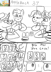Size: 2480x3508 | Tagged: safe, artist:jbond, imported from derpibooru, part of a set, big macintosh, flam, flim, jack pot, earth pony, pony, unicorn, comic:applebuck, brothers, casino, comic, dialogue, flim flam brothers, high res, magic, magic aura, male, monochrome, playing card, poker, poker chips, siblings, stallion, sweat, table, text