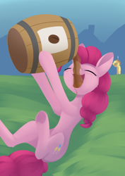 Size: 988x1394 | Tagged: safe, artist:dusthiel, imported from derpibooru, applejack, pinkie pie, earth pony, pony, atg 2021, barrel, belly, chugging, coffee, drinking, exclamation point, eyes closed, hammerspace belly, misleading thumbnail, newbie artist training grounds, open mouth, pinkie found the coffee, slim, solo focus, thin, this will end in diarrhea, this will not end well, underhoof, xk-class end-of-the-world scenario