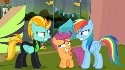 Size: 1366x768 | Tagged: safe, imported from derpibooru, screencap, lightning dust, rainbow dash, scootaloo, pony, the washouts (episode), angry, awkward smile, female, filly, glare, grin, mare, nervous, nervous grin, rivalry, smiling, the washouts, trio