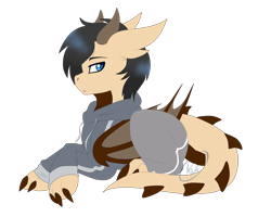 Size: 1150x920 | Tagged: artist needed, safe, imported from derpibooru, oc, oc only, oc:auburn "dergy", dragon, hybrid, pony, clothes, comfy, cute, hoodie, lying down, male, pants, solo, sweater, sweatpants, wings